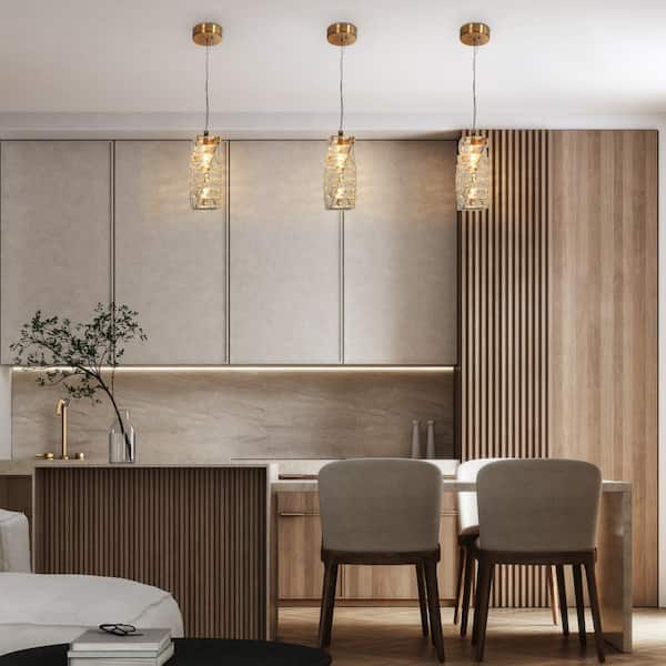 Modern 1-light Plating Brass Integrated LED Pendant Light with Cylinder Crystal Shade, Glam Dining Room Chandelier