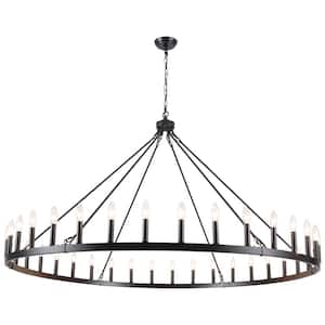 Nazavier 60 in. 36 Light Black Large Dimmable Wagon Wheel Chandelier Rustic Farmhouse Candle Round Industrial Pendant