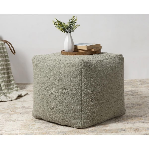 Solid Mid-Century Modern Hand Woven Green Boucle Polyester Square 18 in. Pouf