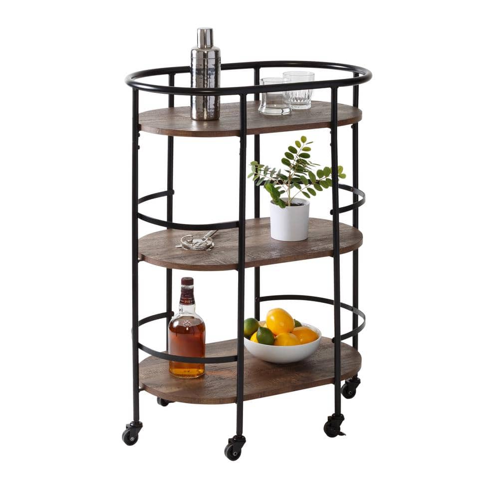 Rustic Brown and Black 3-Tier Oval Bar Cart with Storage