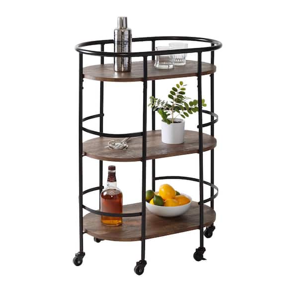 Honey-Can-Do Black and Rustic Brown 3-Tier Rolling Bar and Serving Cart