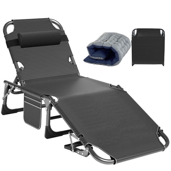 BOZTIY Portable Lounge Chair, Black 5-Fold Sleeping Cots Steel Outdoor Lounge Chair with Cushion Guard Gary Cushion 1-Pack