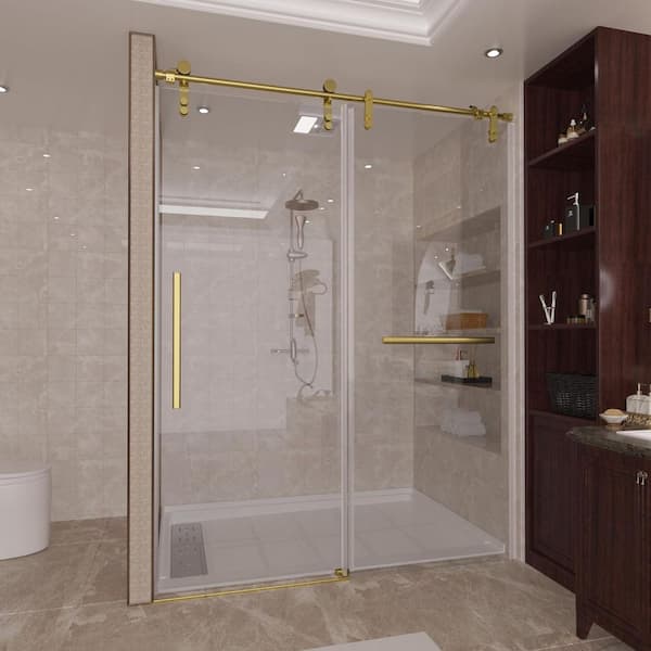 null 56- 60 in. W x 75 in. H Sliding Frameless Shower Door/Enclosure in Stainless Steel with Clear Glass, Golden
