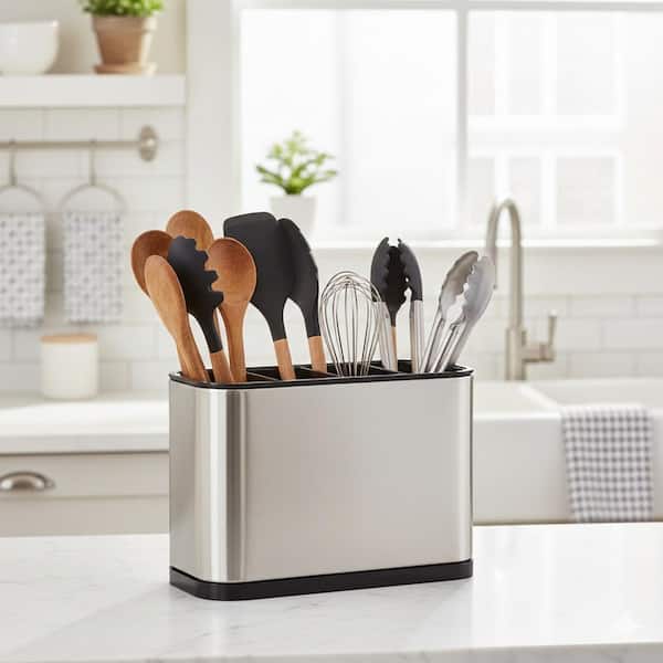 Silvery Stainless Steel Utensil Holder Kitchen Countertop Organizer 4 Compartments Anti-Fingerprint Drainage