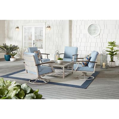 Marina Point 5-Piece White Steel Motion Outdoor Conversation Seating Set with CushionGuard Surf Blue Cushions
