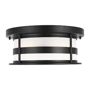 Wilburn 13 in. 2-Light Black Outdoor Urban Craftsman Flush Mount Light with Satin Etched Glass Shade