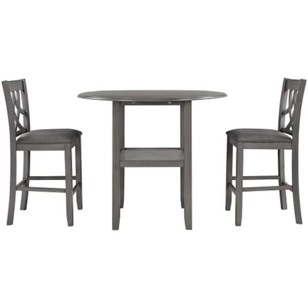 Unbranded Gray 3-Piece Wood Counter Height Drop Leaf Round Table Outdoor Dining Set with Cross Back Padded Chairs and Cushion