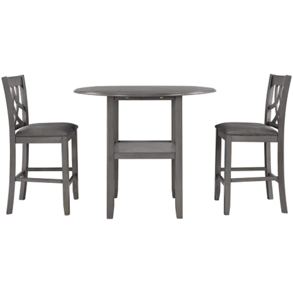 Gray 3-Piece Wood Counter Height Drop Leaf Round Table Outdoor Dining Set w