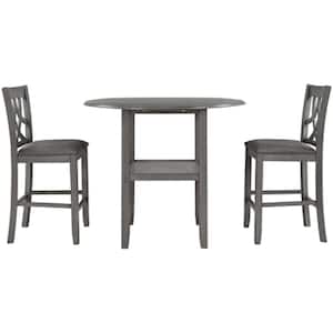 Gray 3-Piece Wood Counter Height Drop Leaf Round Table Outdoor Dining Set with Cross Back Padded Chairs and Cushion