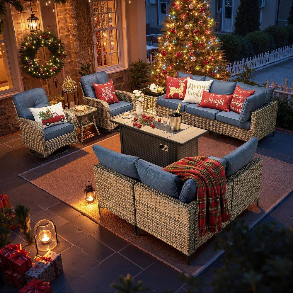 Vinceny Gray 11-Piece Wicker 54 in. Rectangle Fire Pit Patio Conversation Set with Denim Blue Cushions and Swivel Chairs price history on PriceWatchPro