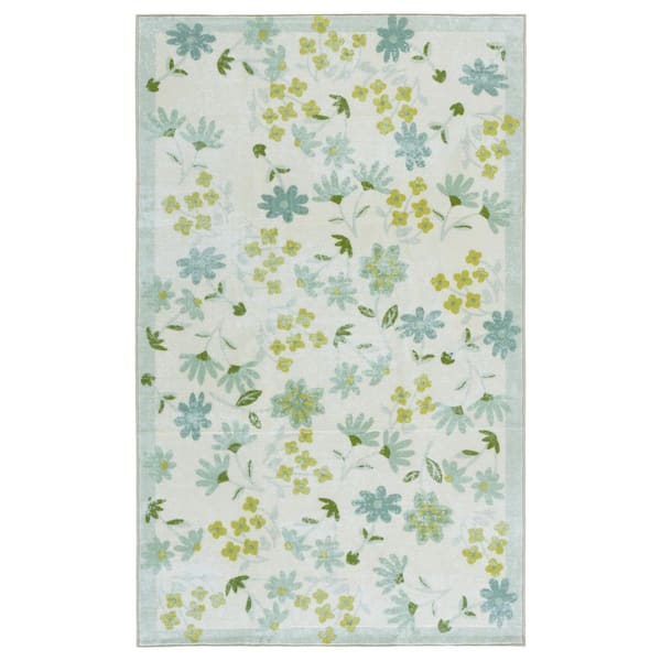 Martha Stewart Washable Beige/Light Green 4 ft. x 6 ft. Machine Washable Floral Modern Area Rug