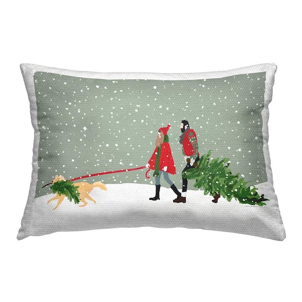 Couple and Christmas Tree Green Rectangular Outdoor Throw Pillow