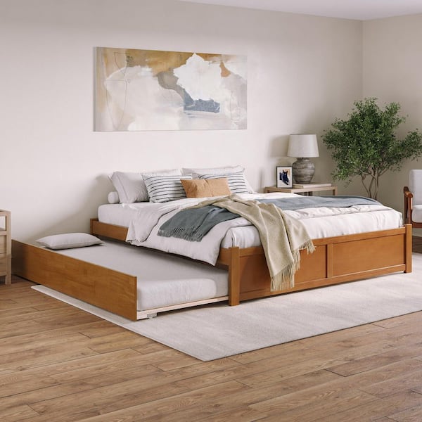 Concord Light Toffee Natural Bronze Solid Wood Frame King Platform Bed with Footboard and Twin XL Trundle
