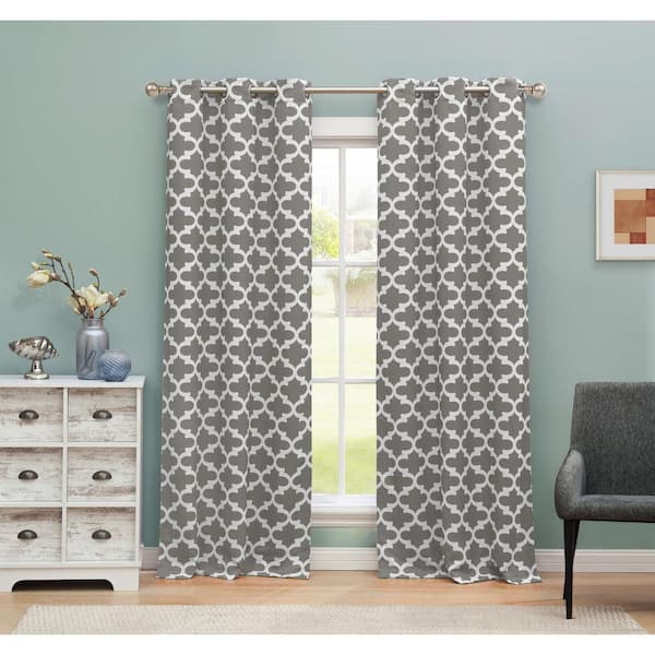 BLACKOUT 365 Geometric Gray Polyester Blackout Grommet Window Curtain 38 in. W x 84 in. L (2-Pack)