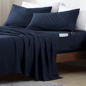 Twin Size Microfiber Sheet Set with 8 Inch Double Storage Side Pockets, Navy