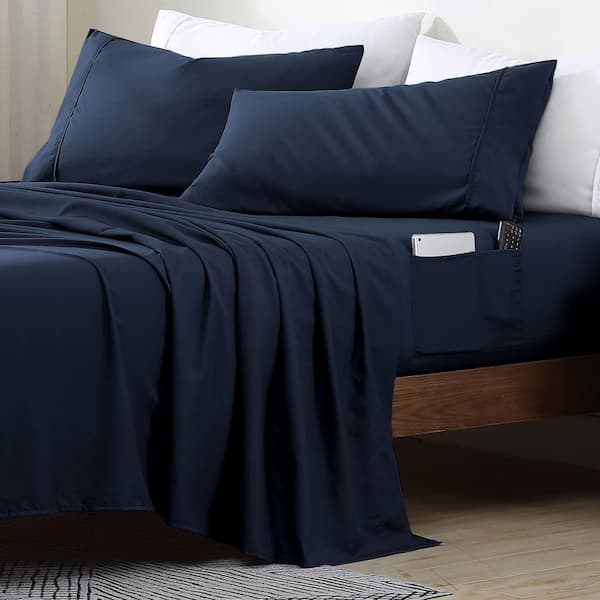 swift home Twin Size Microfiber Sheet Set with 8 in. Double Storage Side Pockets, Navy