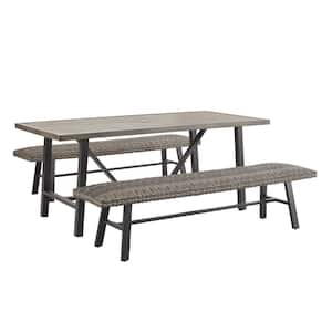 3-Piece Metal Outdoor Dining Set with 2 Wicker Benches