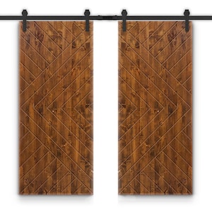 Chevron Arrow 48 in. x 84 in. Fully Assembled Walnut Stained Wood Double Sliding Barn Door With Hardware Kit