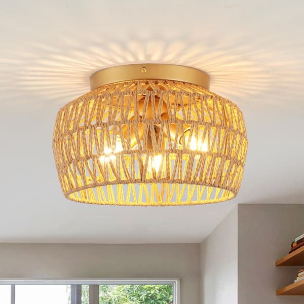 12.59 in. 3-Light Gold Rattan Semi Flush Mount Chandelier for Hallway Entryway Dining Room and No Bulbs Included