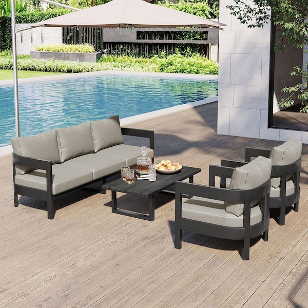 4-Piece Iron Outdoor Seating Set with Plastic Wood Table Outdoor Patio Sectional Set with Light Gray Thick Cushions