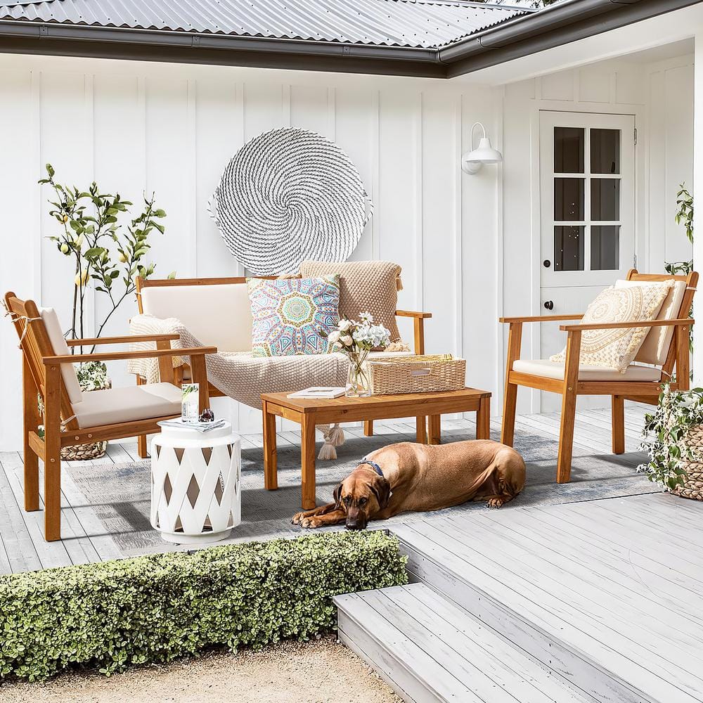 Tozey Chillrest 4-Pieces Acacia Wood Patio Conversation Set with Cream Cushion