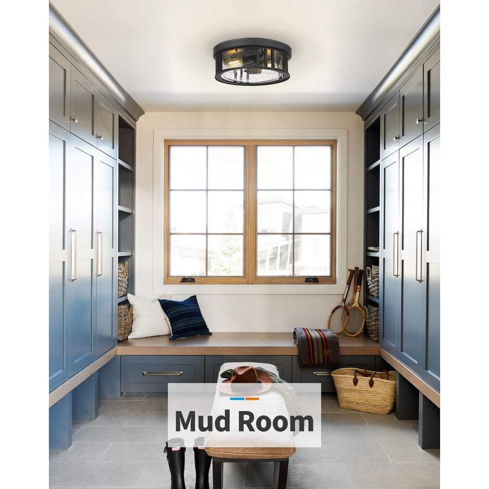 Black Metal and Glass 2-Light Drum Flush Mount Ceiling Light