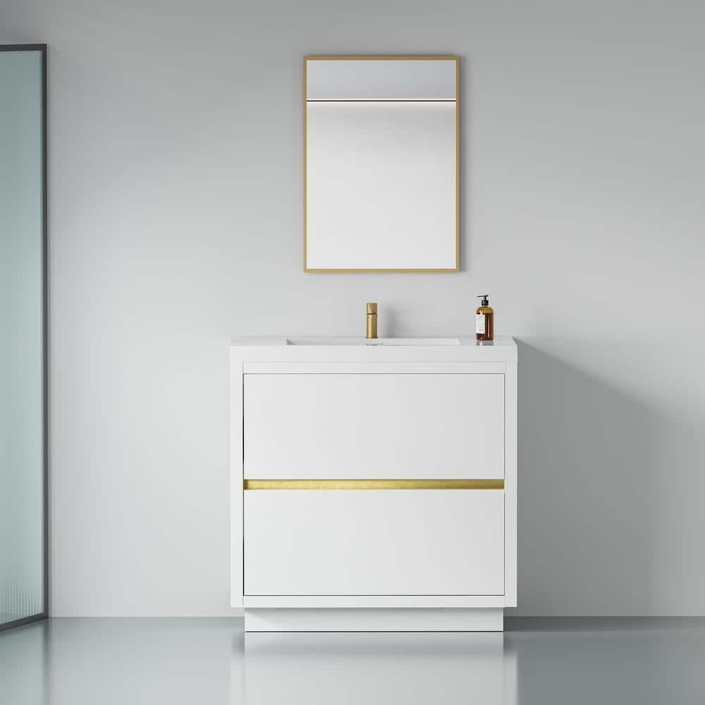 36 in. Freestanding Storage Bath Vanity Cabinet in Glossy White with White 