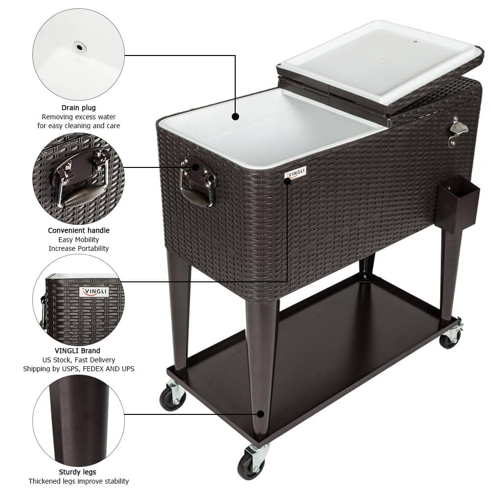 VINGLI 80 Quart Black Rattan Rolling Cooler with Shelf