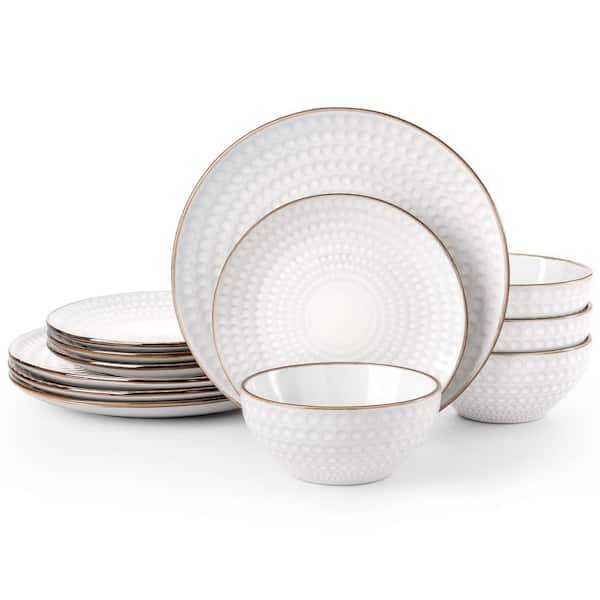 Ceramic White Stoneware Dinnerware Set 12-Piece Embossed Plates Bowls Gold Trim Chip-Resistant Microwave Safe