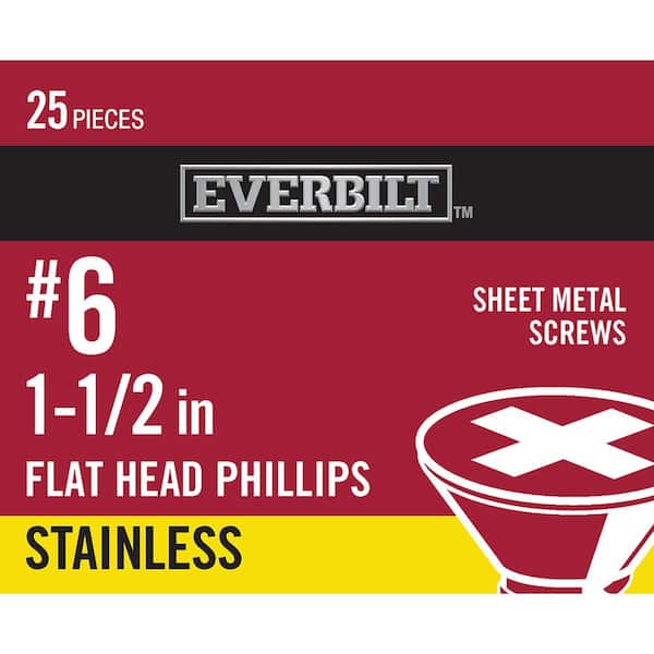 #6 x 1-1/2 in. Phillips Flat Head Stainless Steel Sheet Metal Screw (25-Pack)
