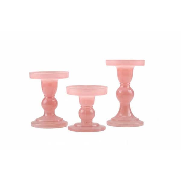 Pink Glass Candle Holders 3-Pack for Pillar, Taper & Tealight