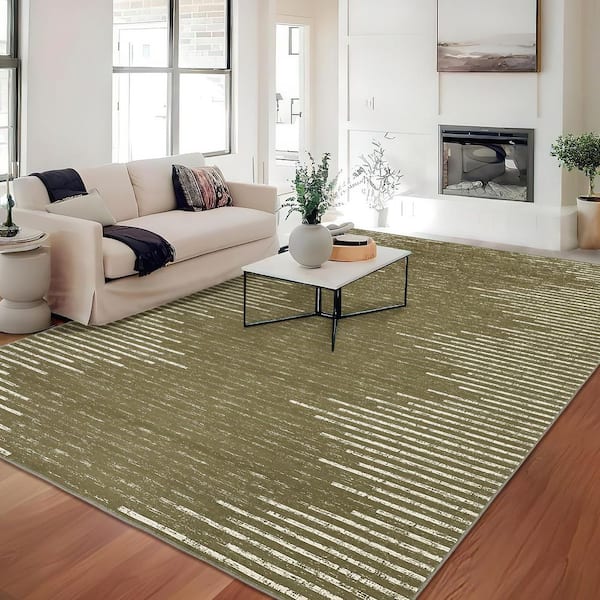 Washable Camel 9 ft. x 12 ft. Modern Striped Printed Rug Low Pile Soft Thin Carpet Stain Resistant Non-Slip, Area Rug