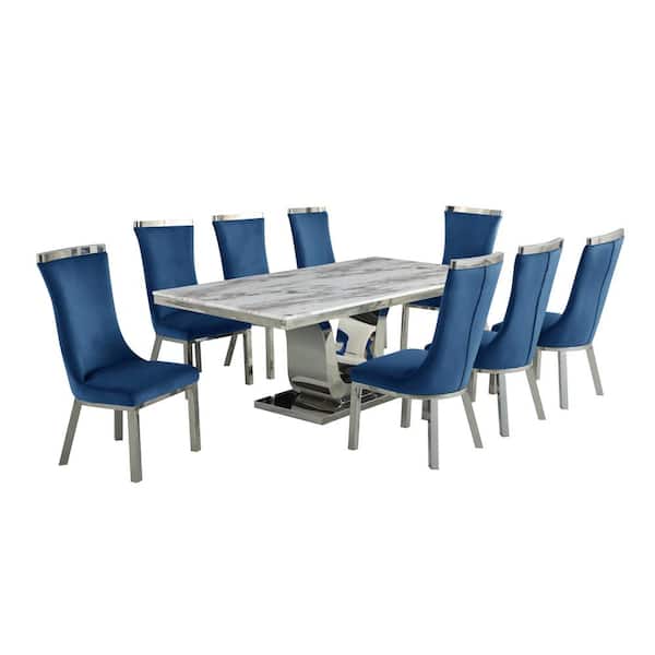 Best Quality Furniture Ada 9-Piece Rectangular White Marble Top With Stainless Steel Base Table Set With 8 Navy Blue Velvet Chairs