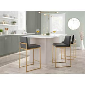 Fuji High Back 26 in. Grey Faux Leather and Gold Metal Counter Stool (Set of 3)