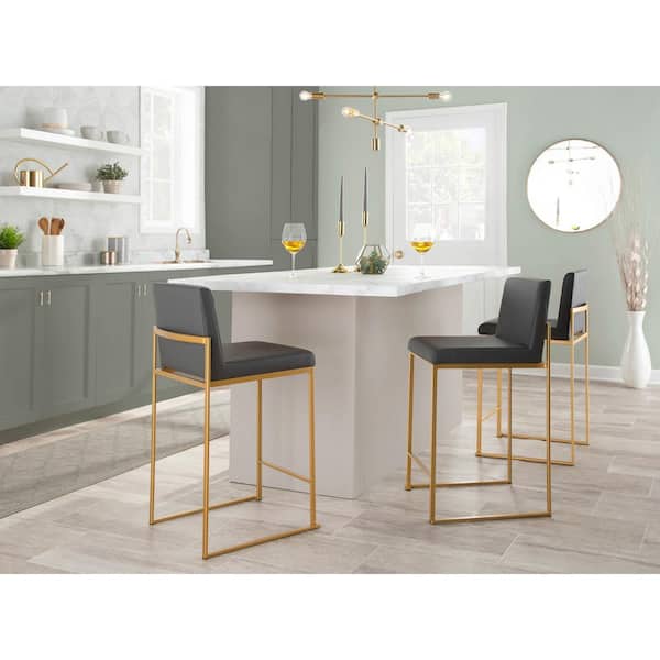 LumiSource Fuji High Back 26 in. Grey Faux Leather and Gold Metal Counter Stool (Set of 3)