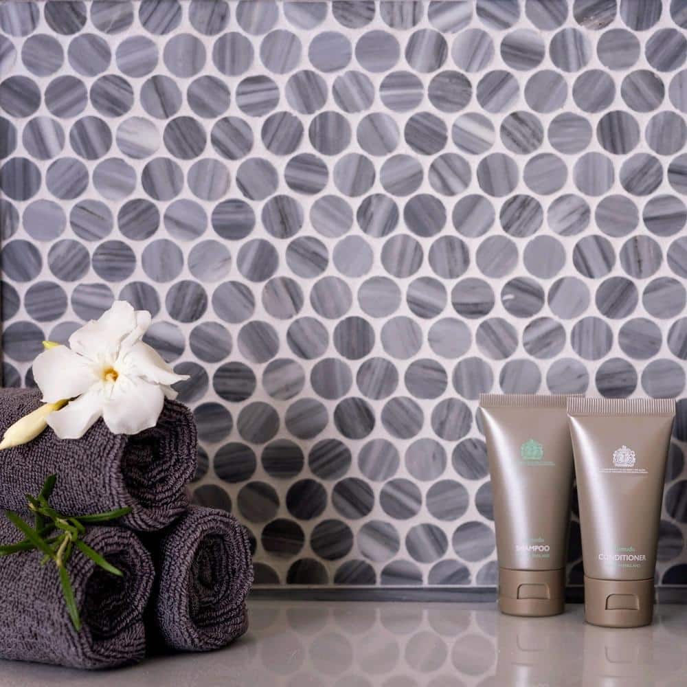 Gray Penny Round Polished Marble Mosaic Tile 11.3 x 12.3