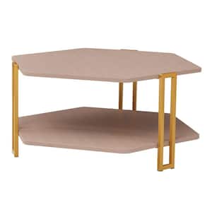 32 in. Brown and Gold Hexagonal Wood Coffee Table with Shelf and Metal Legs