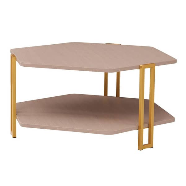 THE URBAN PORT 32 in. Brown and Gold Hexagonal Wood Coffee Table with Shelf and Metal Legs