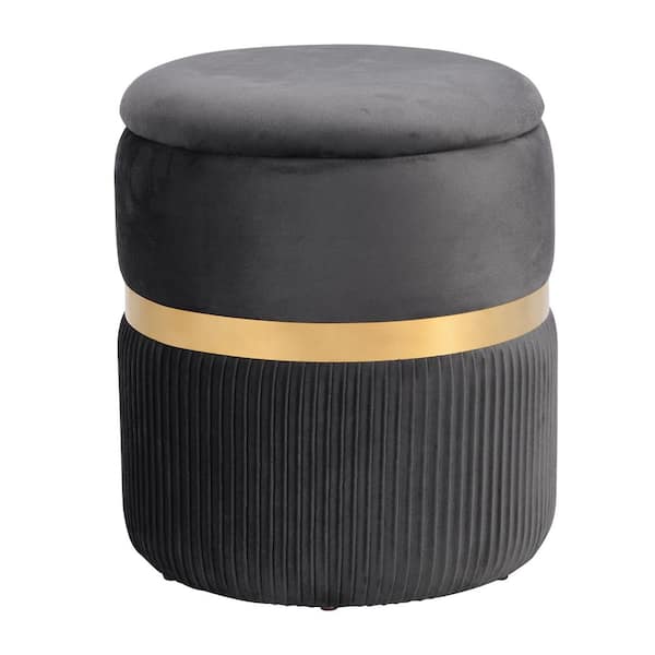 Dark Gray Round Storage Ottoman Foot Rest Upholstered Pleated