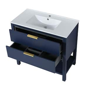 18.3 in. W x 35.9 in. D x 33.5 in. H Freestanding Bath Vanity in Navy Blue with White Top with 2-Drawers