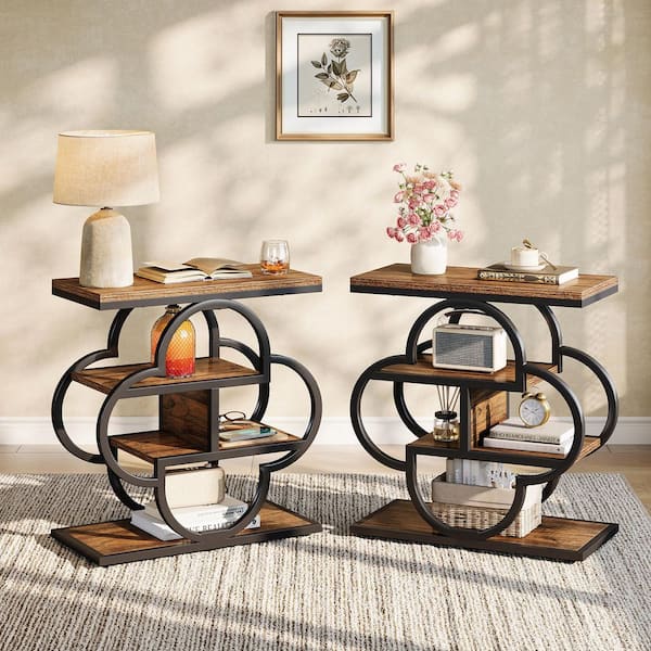 BYBLIGHT Kerlin 23.62 in. Brown Rectangle Wood End Table with 4-Leaf Clover Metal Frame