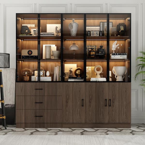 2-in - 1 Brown Wood 78.7 in. W Sideboard Combo Kitchen Cabinet W/Glass Doors, LED Lights, Drawers, Adjustable Shelves