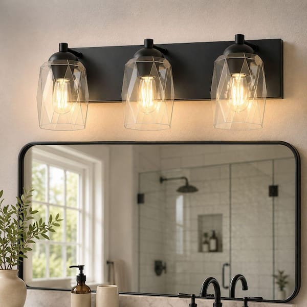 22 in. Industrial 3-Light Matte Black Farmhouse Vanity Light with Glass Shades for Bathroom