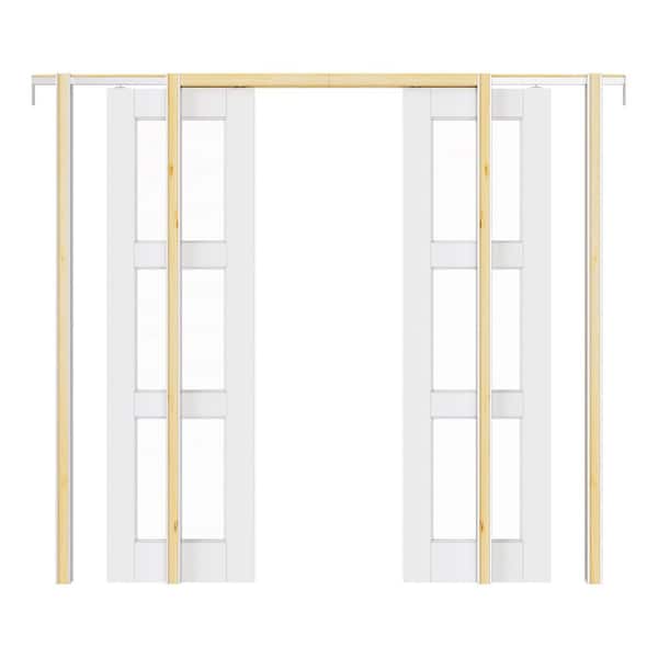 ARK DESIGN 36 in. x 80 in. 3-Lite Solid Core Wood Primed White Clear Glass Double Sliding Pocket Door with Hardware and Soft Close