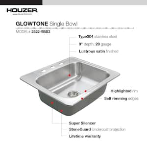 Houzer Glowtone 25 in. Stainless Steel Topmount 3-hole Single Bowl 9 in. Deep Kitchen Sink - 2522-9BS3-1