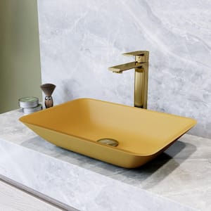 Matte Shell Sottile Glass Rectangular Vessel Bathroom Sink in Gold with Norfolk Faucet and Pop-Up Drain in Matte Gold