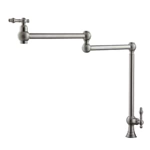 Vintage Deck Mount Pot Filler Kitchen Faucet, with Folding Stretchable Double Joint Swing Arms in Brass Brushed Nickel