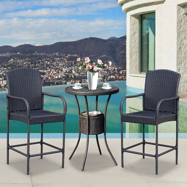 Sudzendf 3-Piece Wicker Outdoor Bistro Set with Ice Buckets, Patio Furniture with 1-Bar Table and 2-Bar Stools