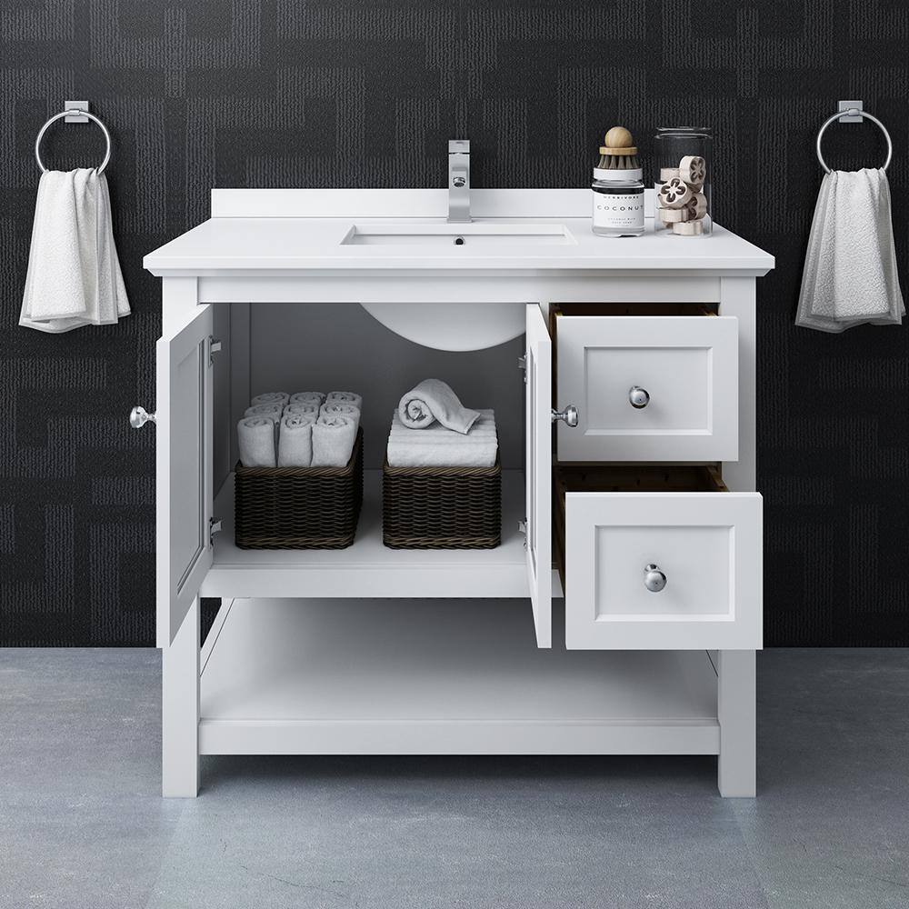 Manchester 42" White Quartz Stone Single Sink Vanity with Open Bottom Shelf