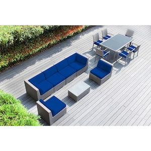 Ohana Gray 14-Piece Wicker Patio Conversation Set with Stackable Dining Chairs and Sunbrella Pacific Blue Cushions
